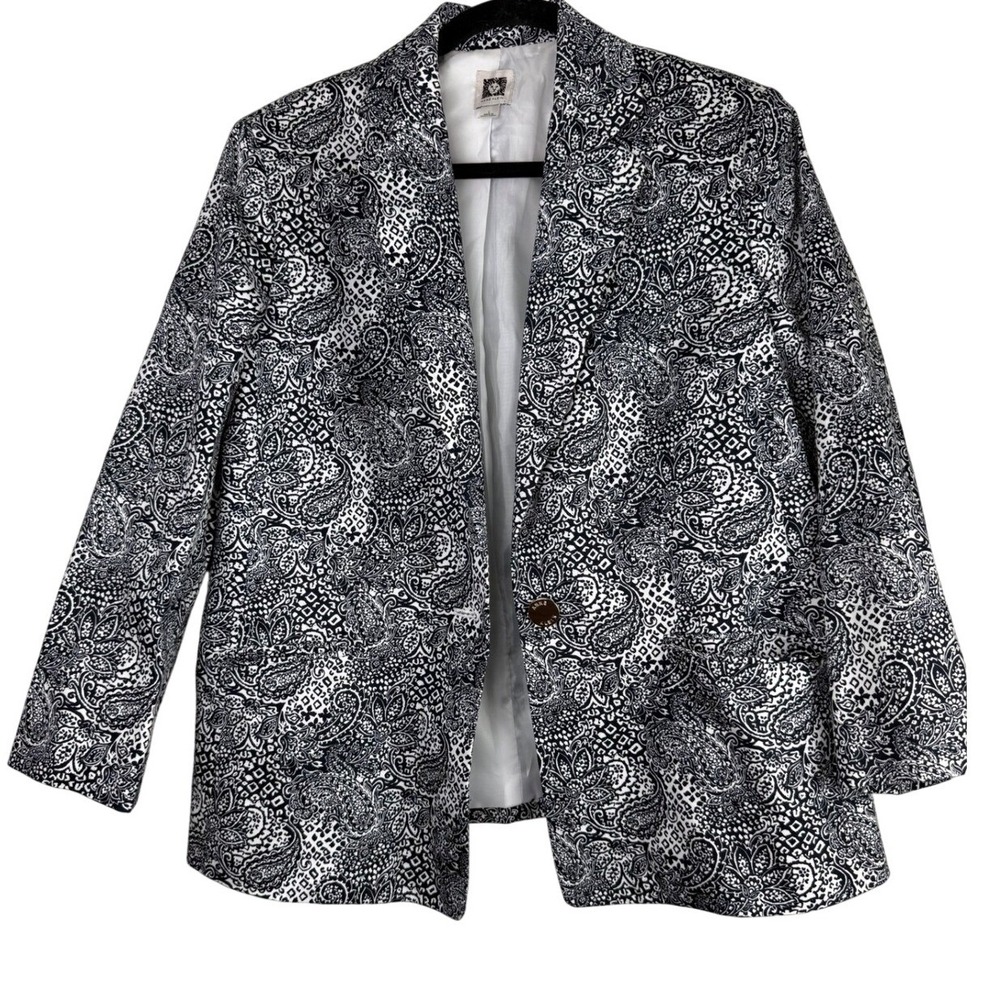 Anne Klein Black White Paisley Print Tailored Blazer Jacket Officecore‎ L